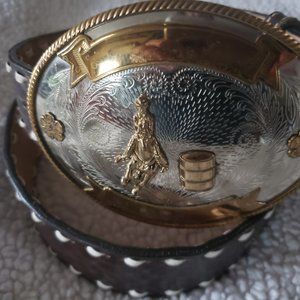 Vintage Barrel Racers German Silver Buckle by Tony Lama & Leather Belt